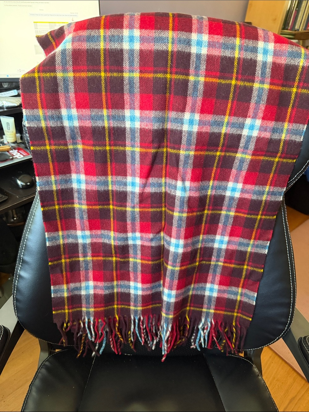 J. Crew Plaid Merino Wool Scarf in Red, Burgundy, Yellow and Light Blue
